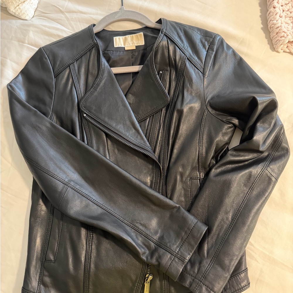 Michael Kors Black Leather Asymmetrical Zip Jacket - Picture 2 of 5